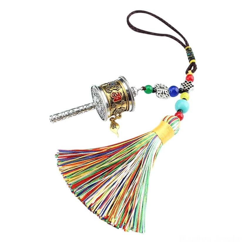 Om Mani Padme Hum prayer wheel tassel car hanging decoration with single-piece design and beaded lanyard