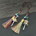 Om Mani Padme Hum prayer wheel tassel car hanging decoration set with rainbow beads and dual prayer wheels