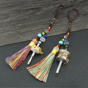 Om Mani Padme Hum prayer wheel tassel car hanging decoration set with rainbow beads and dual prayer wheels