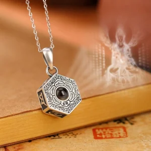 990 Sterling Silver Om Mani Padme Hum Buddhist Projection Necklace Pendant with Hexagonal Design and Central Nano Lens - Front View
