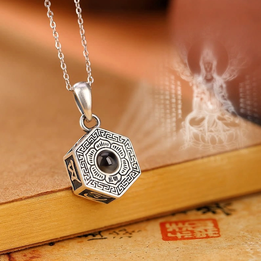 990 Sterling Silver Om Mani Padme Hum Buddhist Projection Necklace Pendant with Hexagonal Design and Central Nano Lens - Front View