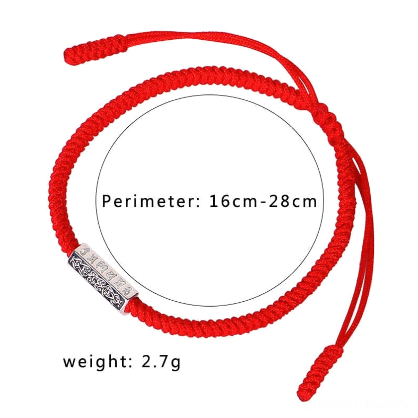Red adjustable Om Mani Padme Hum Buddhist string bracelet with silver decorative charm showing 16cm-28cm size range and 2.7g weight on plain white background