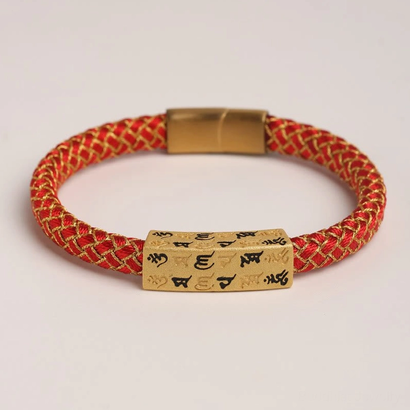 Red and gold braided Om Mani Padme Hum Buddhist bracelet front view with matte gold mantra plaque