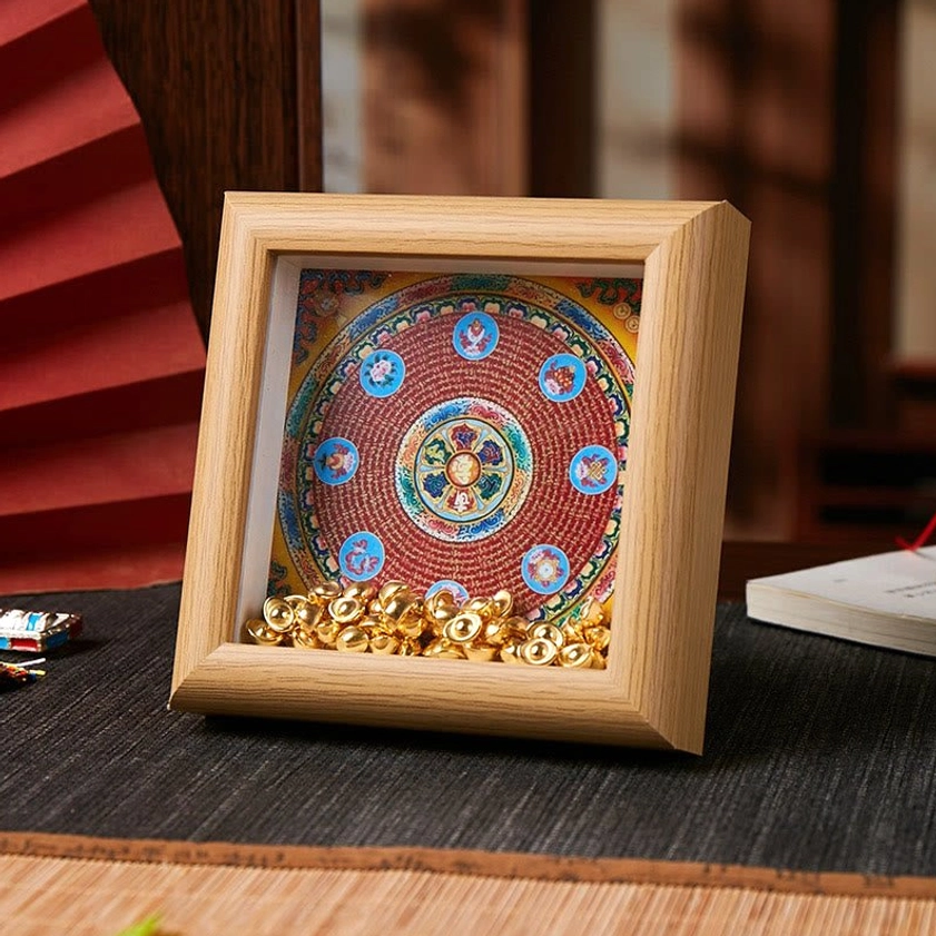 Om Mani Padme Hum red circular mandala thangka altar frame with golden ingots in natural wood finish