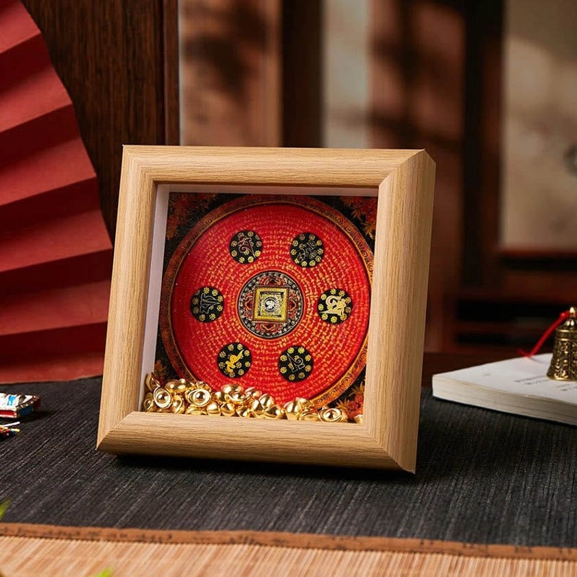 Om Mani Padme Hum red patterned mandala thangka frame light wood natural finish with golden ingots