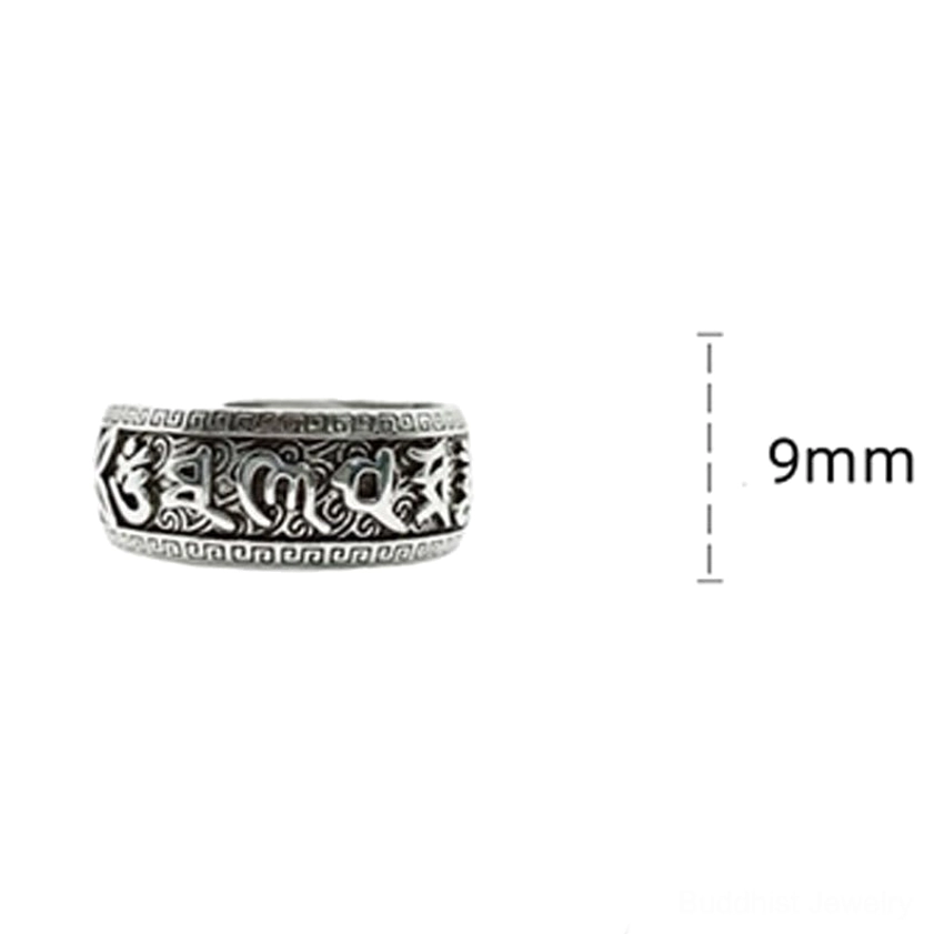 Om Mani Padme Hum copper ring size guide showing 9mm width measurement