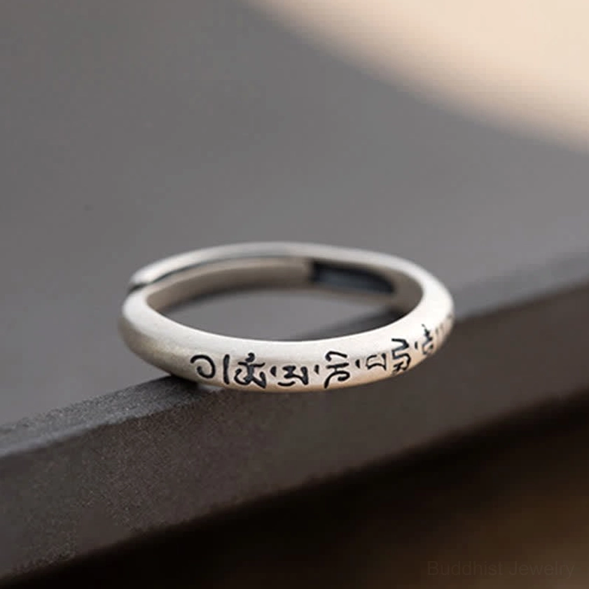 Om Mani Padme Hum sterling silver Buddhist mantra ring showing band width options 3mm 4mm