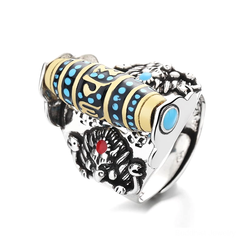 Om Mani Padme Hum Garuda rotatable ring bottom 3/4 view with blue turquoise inlay and engraved mantra bead