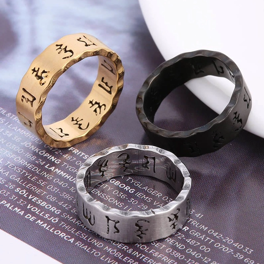Om mani padme hum buddhist mantra ring available color styles black golden silver comparison