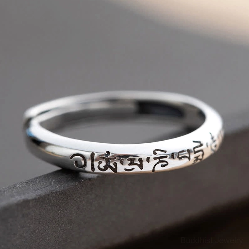 Om Mani Padme Hum sterling silver Buddhist ring compassion wisdom love peace symbolism