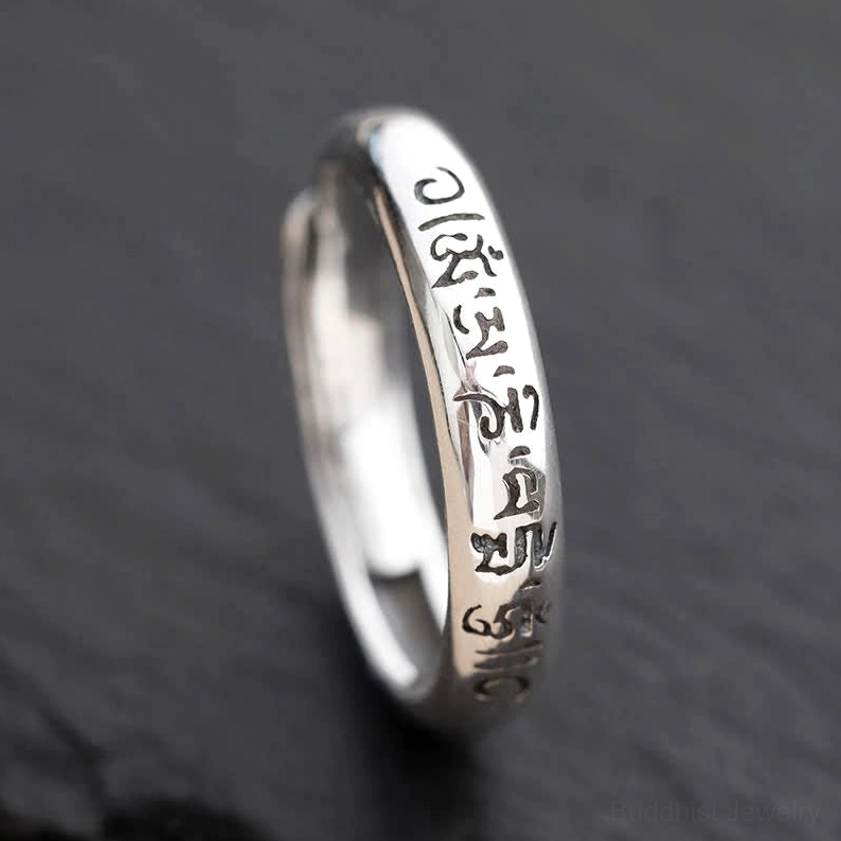 Om Mani Padme Hum sterling silver Buddhist mantra ring emotional balance spiritual protection