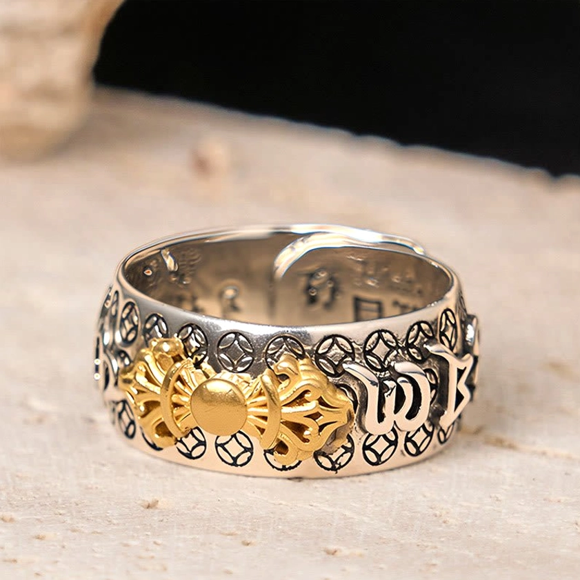 Om Mani Padme Hum Vajra ring flat front display showing full engraved mantra text and gold-silver two-tone design