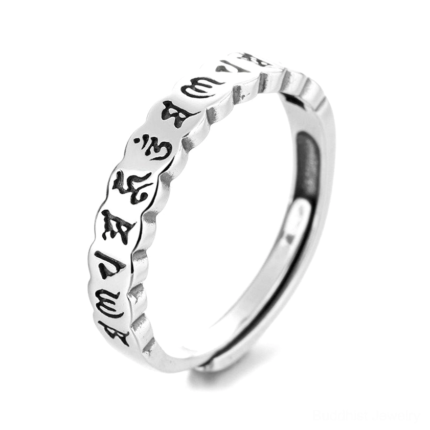 Om Mani Padme Hum sterling silver ring - front top view on white background showing clear Sanskrit engravings and polished silver finish