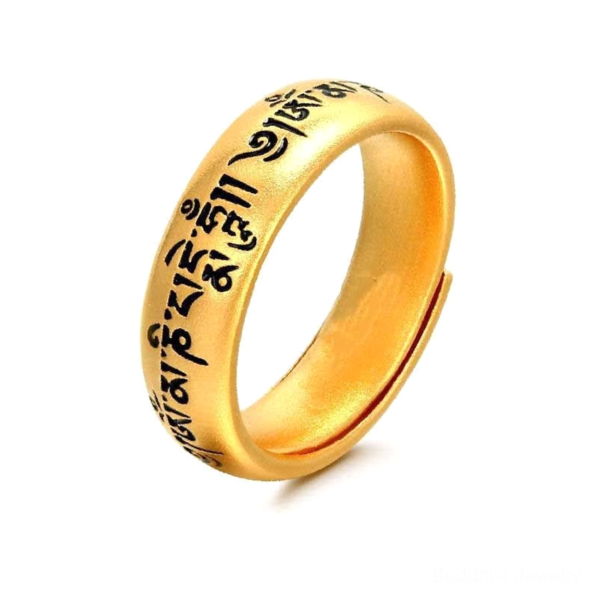 Om Mani Padme Hum sacred mantra ring flat lay showing full engraved Sanskrit inscription on white background, unisex design
