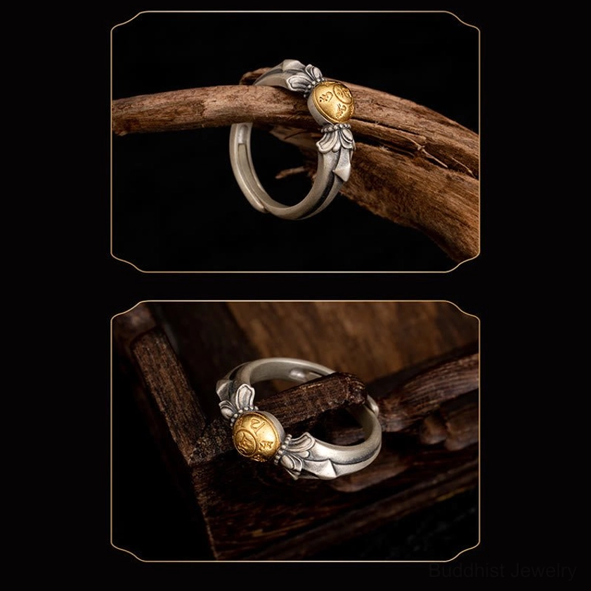 Om Mani Padme Hum adjustable silver ring hanging and flat placement shots on wooden background demonstrating versatility