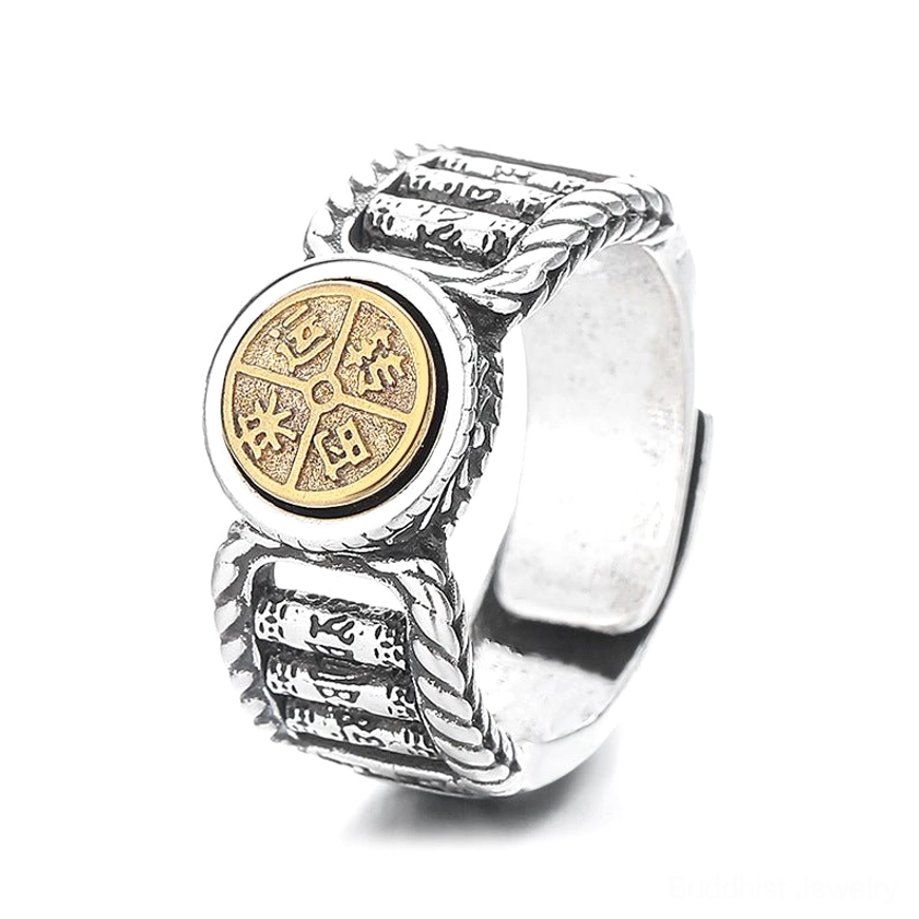 Om Mani Padme Hum rotatable Buddhist ring overhead view with vintage silver finish