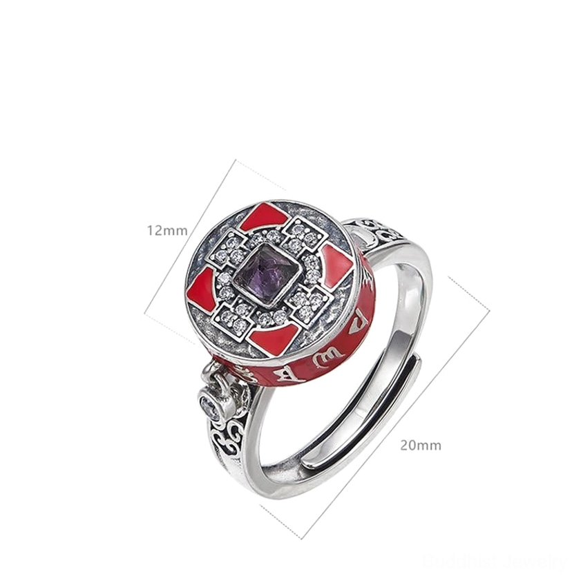Om Mani Padme Hum prayer wheel ring technical specifications showing 20mm width and detailed product dimensions