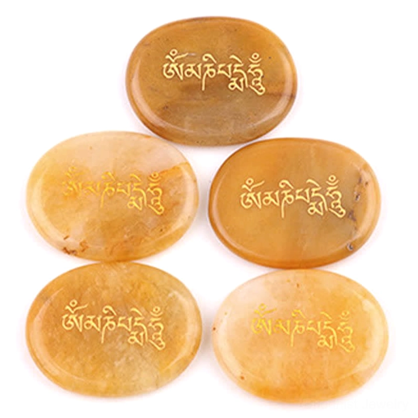 Rose quartz Om Mani Padme Hum palm stone with sacred Buddhist mantra