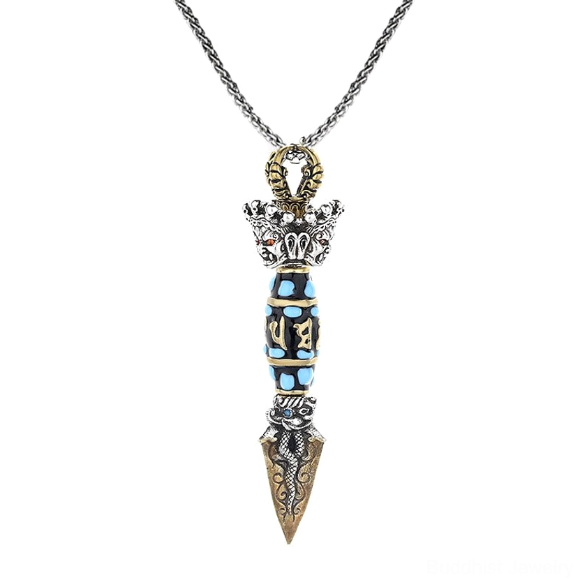 Om Mani Padme Hum rotatable Buddhist pendant necklace with dzi bead, protective dorje symbol, authentic handmade spiritual jewelry