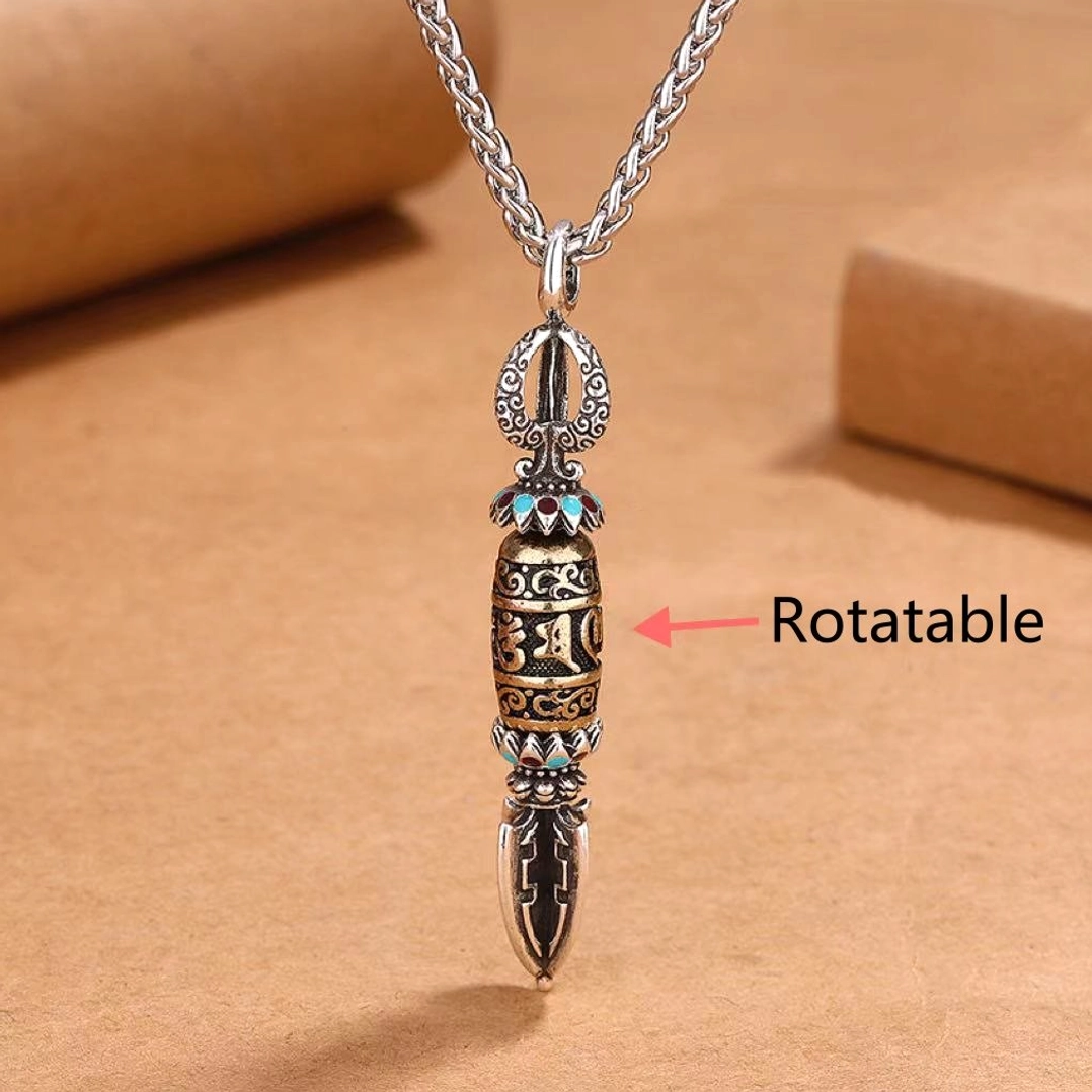 Rotatable Om Mani Padme Hum Buddhist amulet pendant with vintage metal carvings marked rotatable