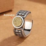 Om Mani Padme Hum rotatable Buddhist ring front view with carved copper coin disc and twisted rope border