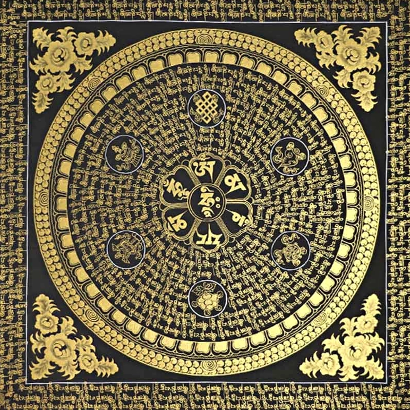 Om Mani Padme Hum sacred syllables mandala thangka with gold motifs, four corner lotus patterns, and central Buddhist mantra design
