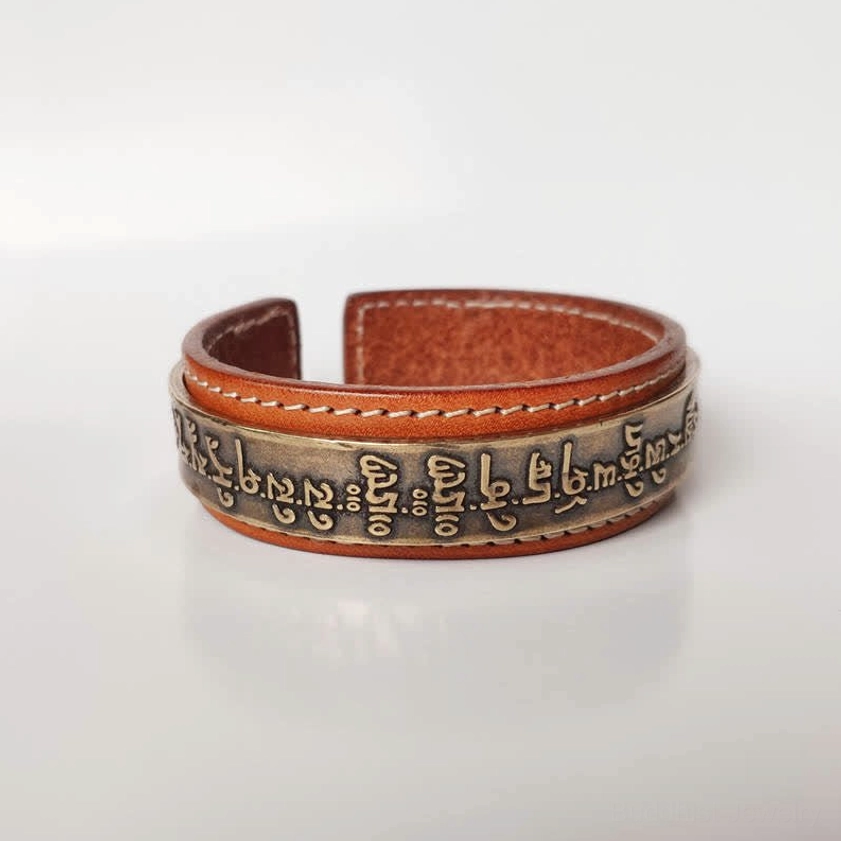 Om Mani Padme Hum Sanskrit engraved brass cuff bracelet