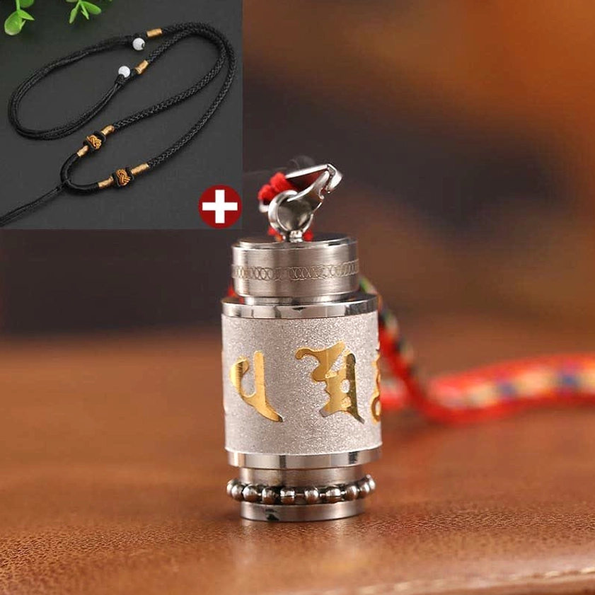 Om Mani Padme Hum protection amulet silver-tone with black woven lanyard daily wear