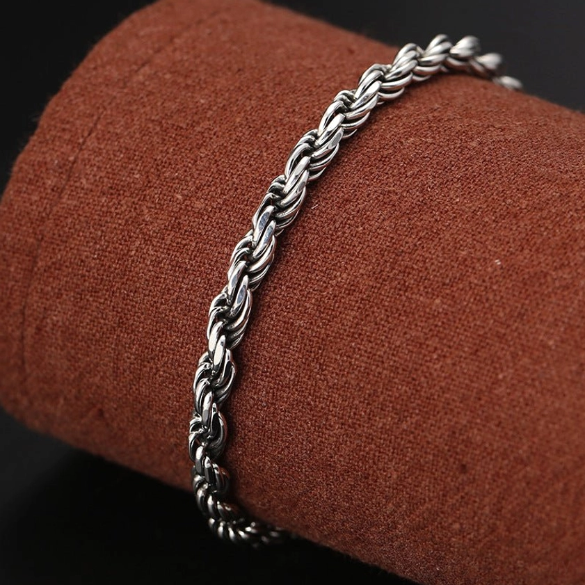Buddhist om mani padme hum sterling silver twisted rope bracelet side view vintage silver tone finish