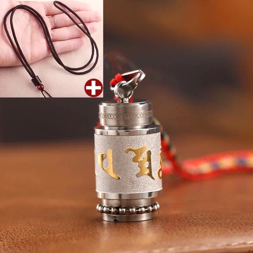 Om Mani Padme Hum necklace pendant silver-tone with brown woven lanyard handcrafted quality