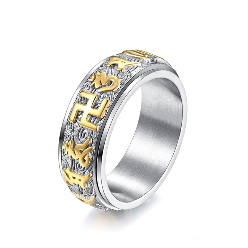 Six True Words Buddhist ring with silver base and gold-embossed Sanskrit text and swastika motif, angled side view on white background