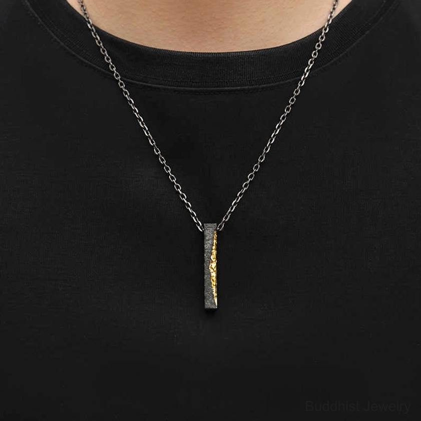 Handmade Om Mani Padme Hum buddhist necklace pendant with sterling silver and 24k gold inlay, rectangular bar shape with complete mantra carving