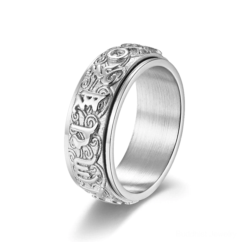 Silver-tone Six True Words Buddhist mantra ring with full wrap-around embossed scroll and Sanskrit text, angled side view on white background