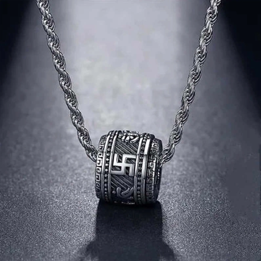 Om Mani Padme Hum necklace with silver rope chain, clear mantra engraving and dharma wheel symbol