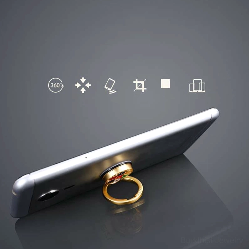 Buddhist Om Mani Padme Hum six-character mantra phone ring holder, detailed view of enamel craft and gold plating