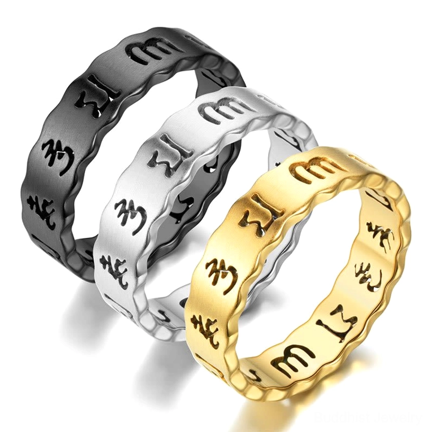Om mani padme hum titanium steel meditation ring spinning feature demonstration side angle view