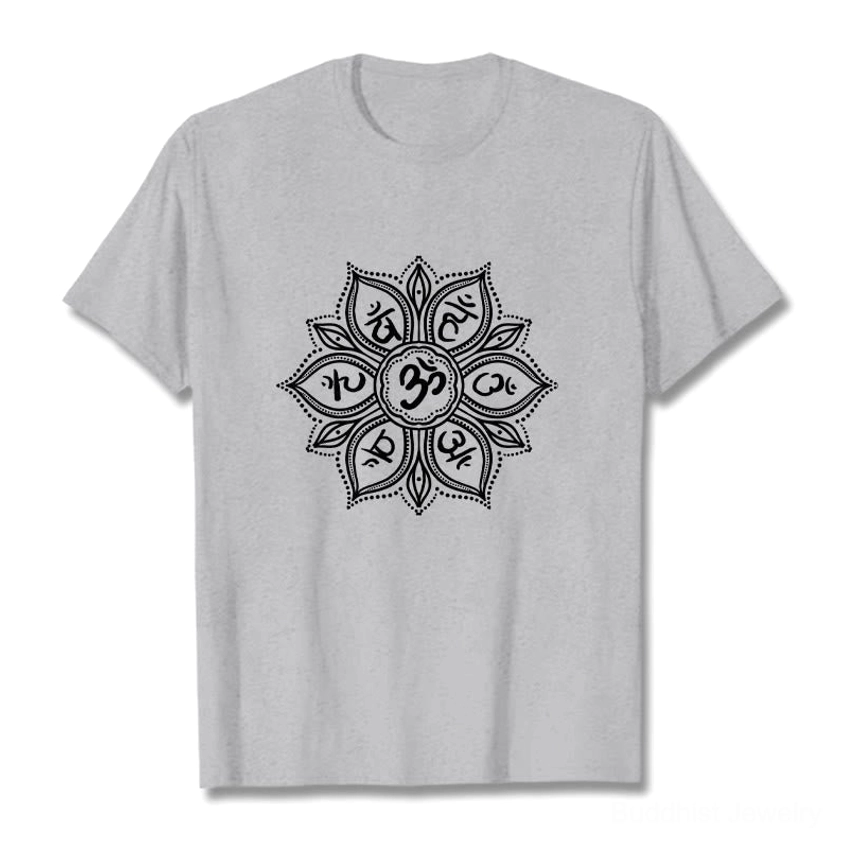 Light grey Om Mani Padme Hum mandala t-shirt multiple sizes displayed showing variety from S to 2XL