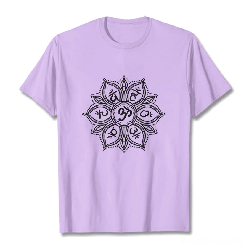 Back view of Buddhist Om Mani Padme Hum mandala t-shirt showing clean solid back design and shoulder fit
