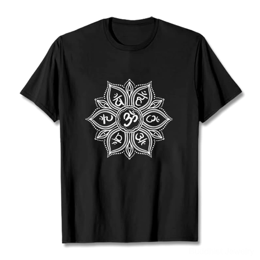 Black Om Mani Padme Hum mandala t-shirt flat lay front showing white printed Buddhist mantra design