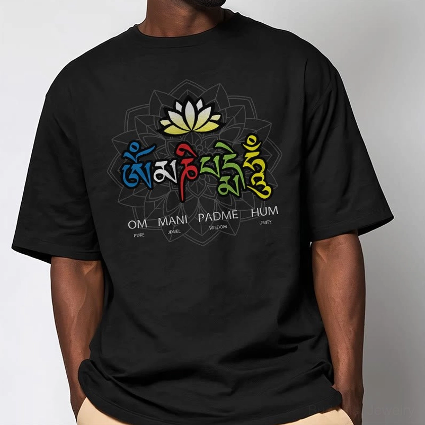 Buddhist mantra lotus t-shirt half-body front view showing crew neck design and casual fit