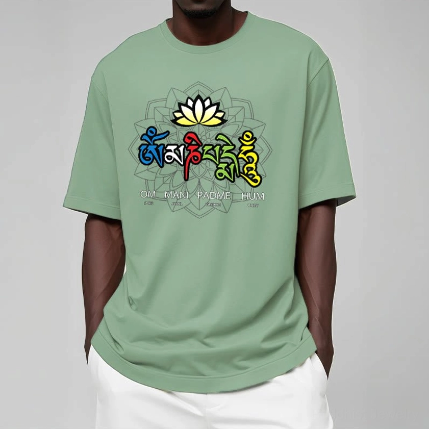 Om Mani Padme Hum mantra graphic tee available in multiple colors including black white and green options