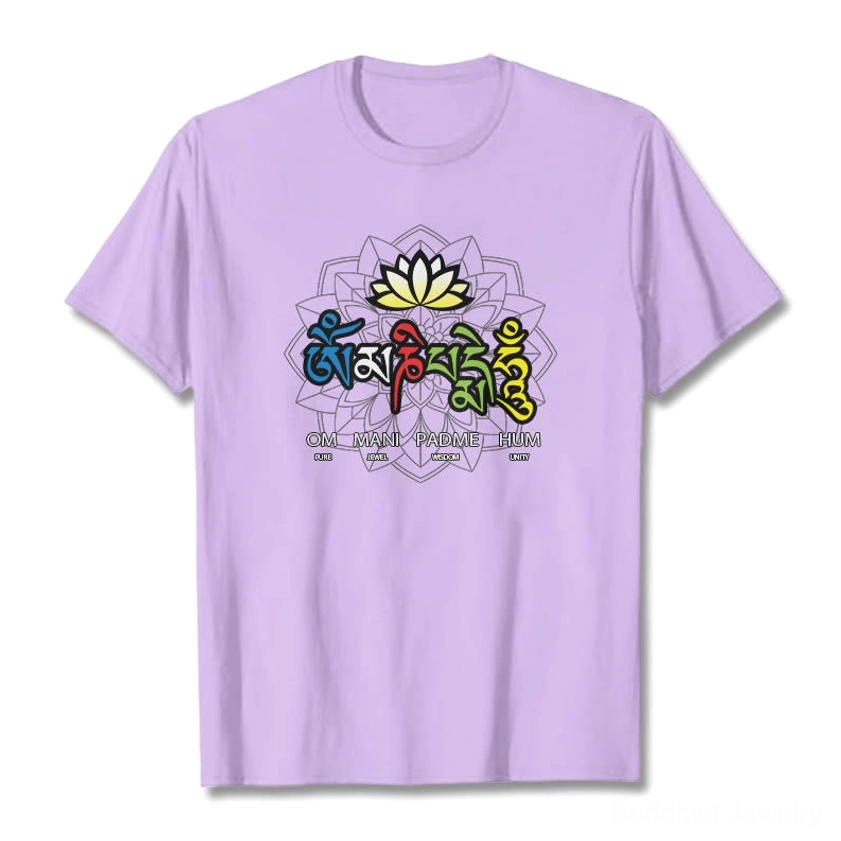 Om Mani Padme Hum lotus t-shirt 100% natural cotton fabric showing quality and comfort construction