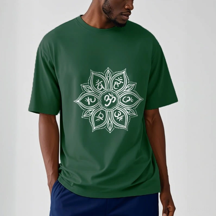 Model wearing dark green Buddhist mandala t-shirt front view showing relaxed fit and detailed white mantra print