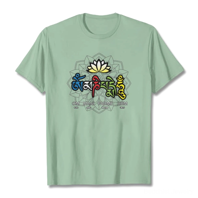 Buddhist mantra lotus t-shirt layered styling showcasing versatile unisex fit and classic crew neckline