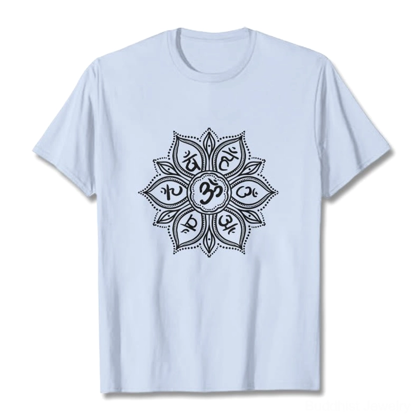 Light cyan Buddhist mandala graphic t-shirt flat lay front showing serene color choice with white mantra emblem