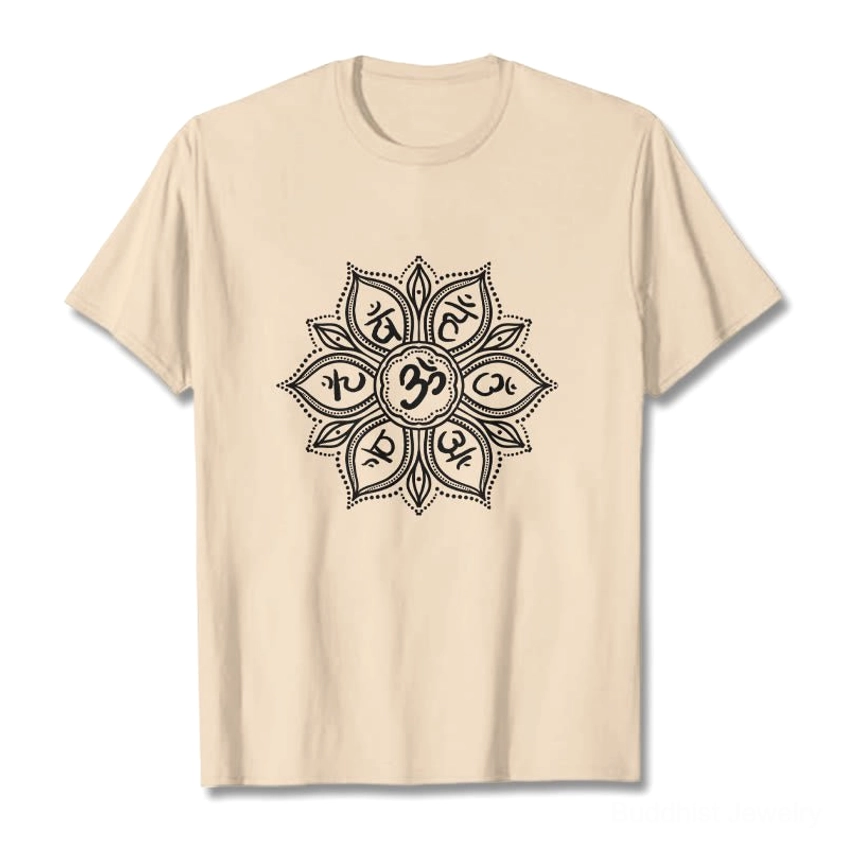 Light cyan Om Mani Padme Hum mandala Buddhist t-shirt showing calming color option with white mantra print