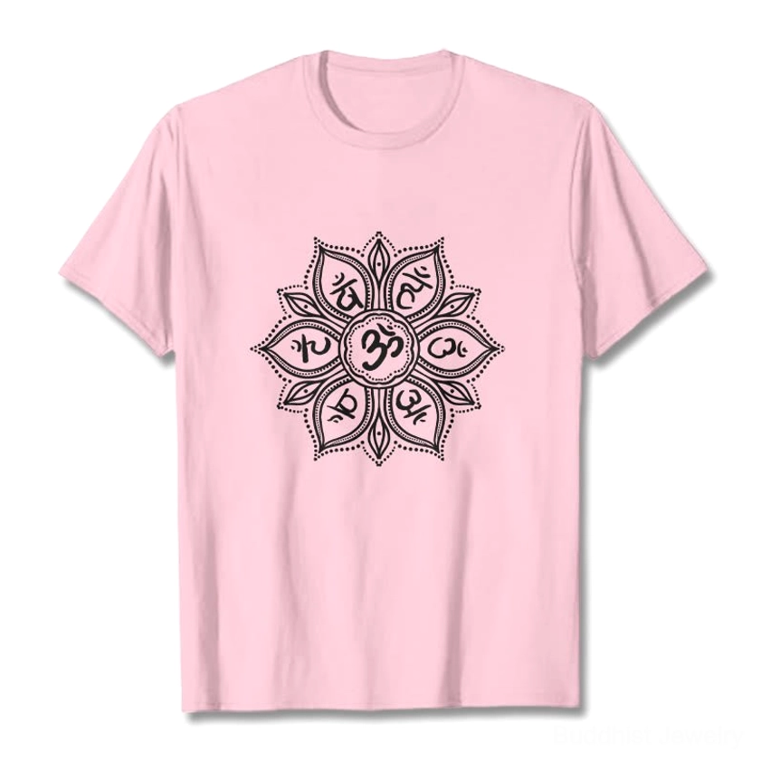 Light grey Om Mani Padme Hum mandala t-shirt flat lay showing versatile neutral color with white sacred print