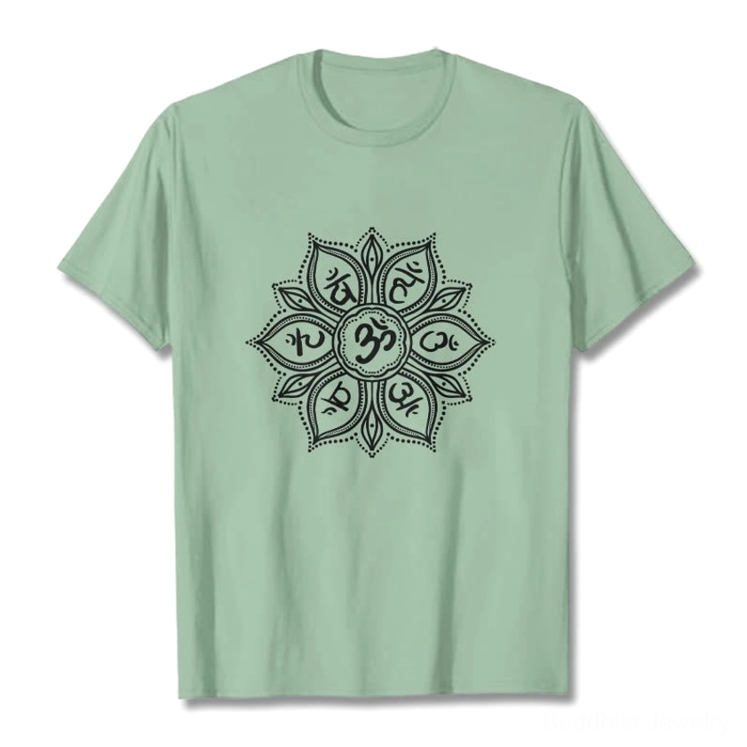 Light grey Buddhist mandala t-shirt on model demonstrating true-to-size unisex fit and comfortable crew neck