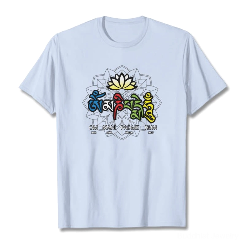 Om Mani Padme Hum lotus graphic t-shirt close-up detail of white ink film print design on fabric