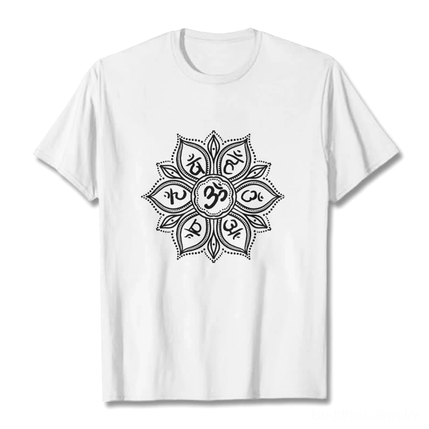 White Om Mani Padme Hum mandala t-shirt flat lay front view with dark grey intricate Buddhist print and crew neck